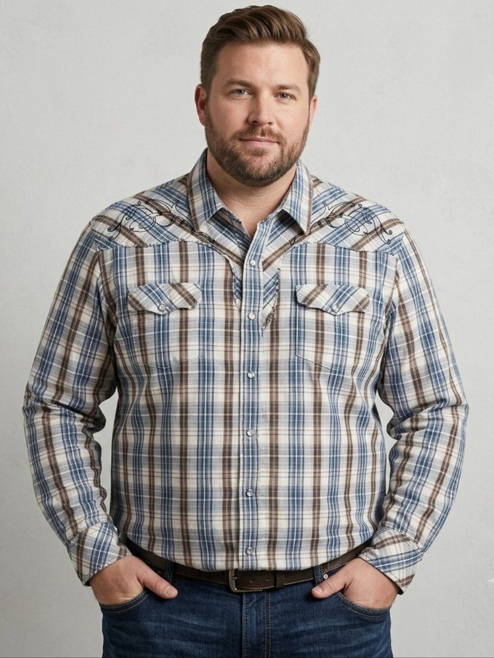 Hawk Men's Embroidered Western Plaid Long Sleeve Snap Button Down Shirt Large